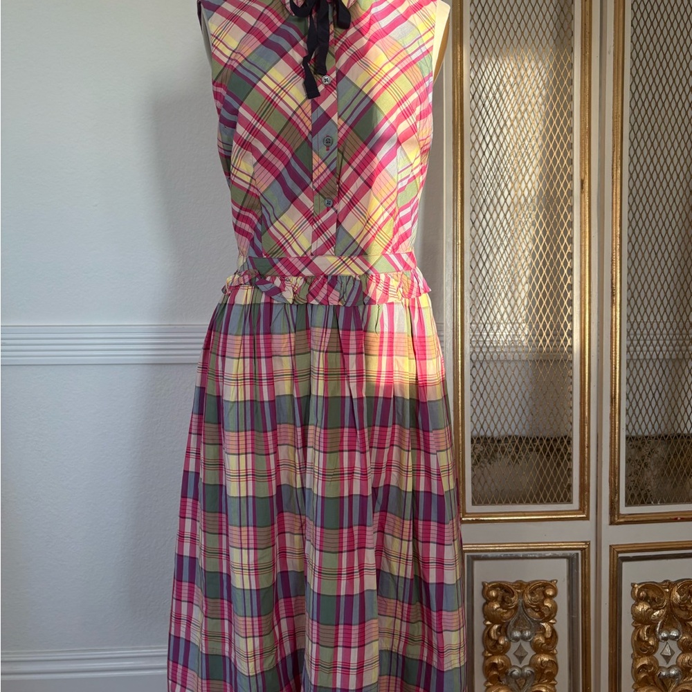 J.Crew Plaid Sleeveless Shirt Dress with Ribbon Tie – Size 6
